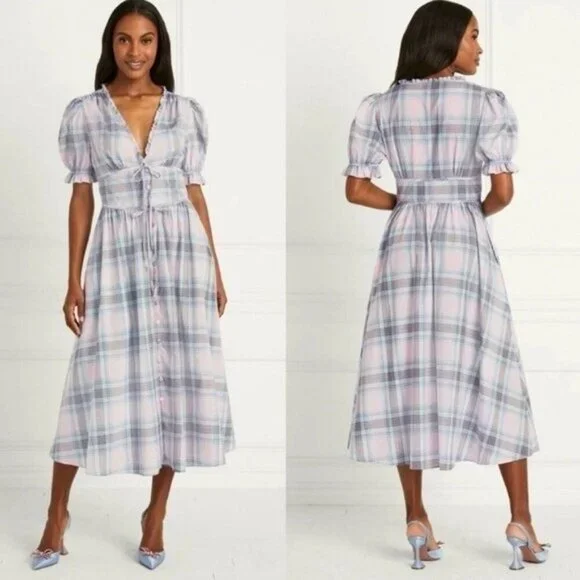 Hill House Sabrina Nap Dress in Spring Plaid Blue Pink Cottagecore Farmhouse M • - Picture 1 of 12